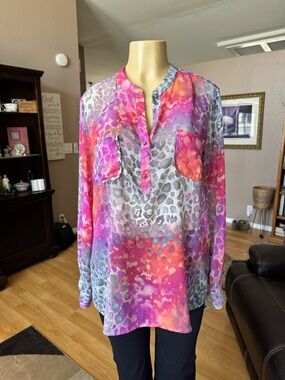 NY Collection sheer multicolored long sleeve Vneck blouse-size XL